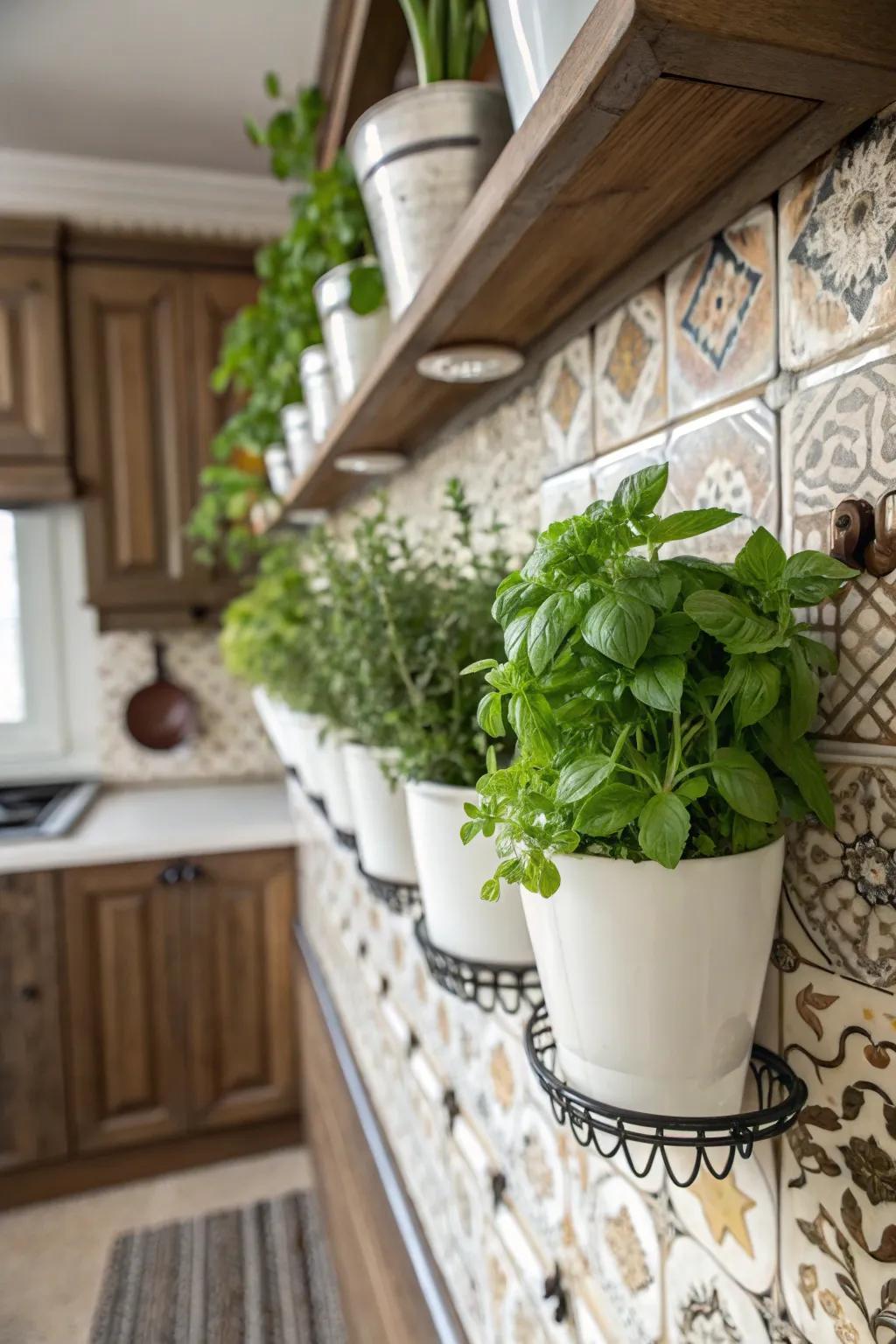 An herbaceous garden wall contributes fresh flavors and greenery to the kitchen.