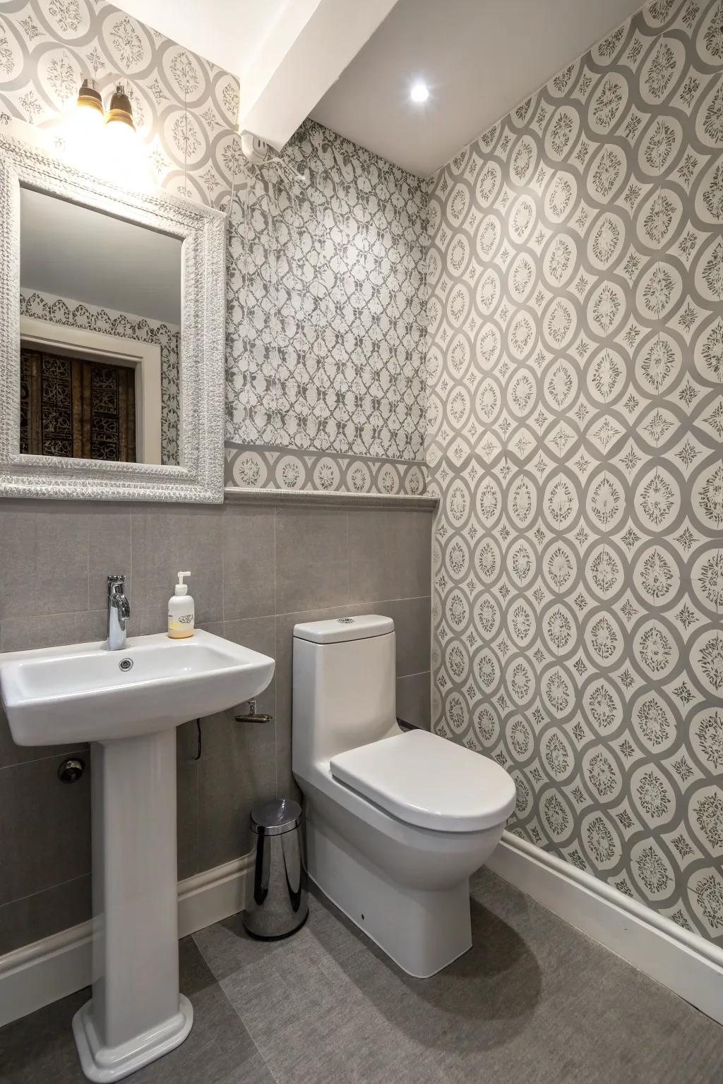 Patterned wall covering injects character into the grey bathroom.