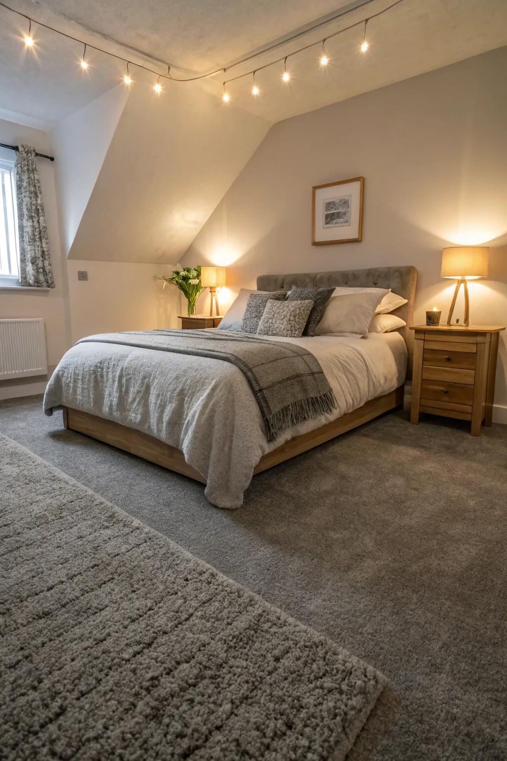 Focused lighting enhances the texture and elegance of the grey carpet.