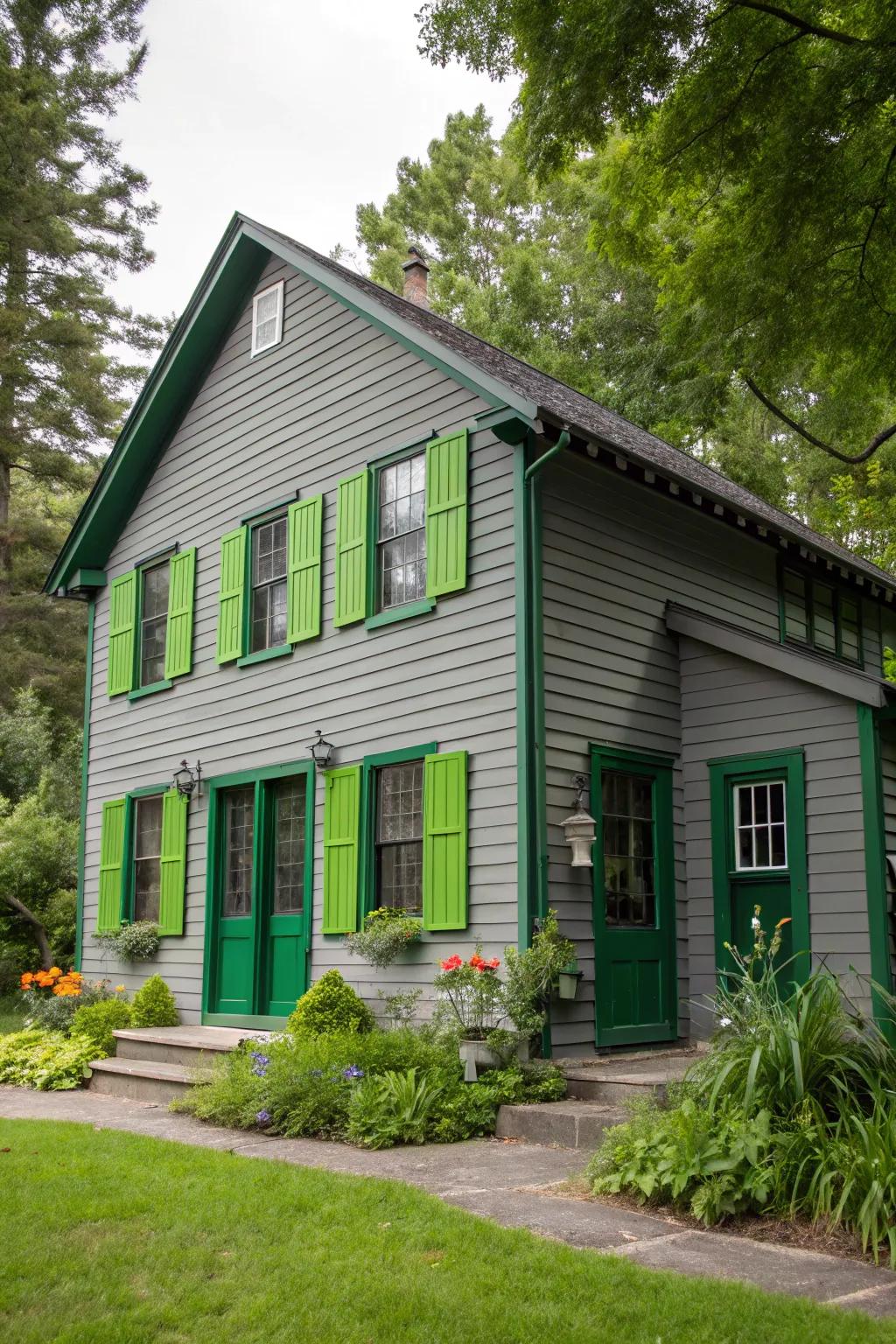 Lively emerald highlights breathe life into a grey exterior.