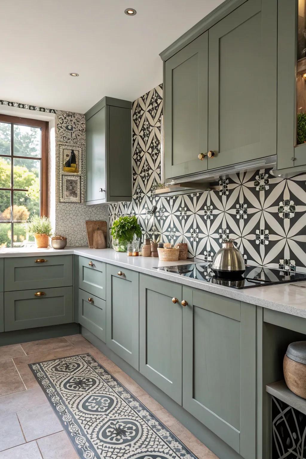 Bold designs introduce energy and creativity to grey-green cabinets.