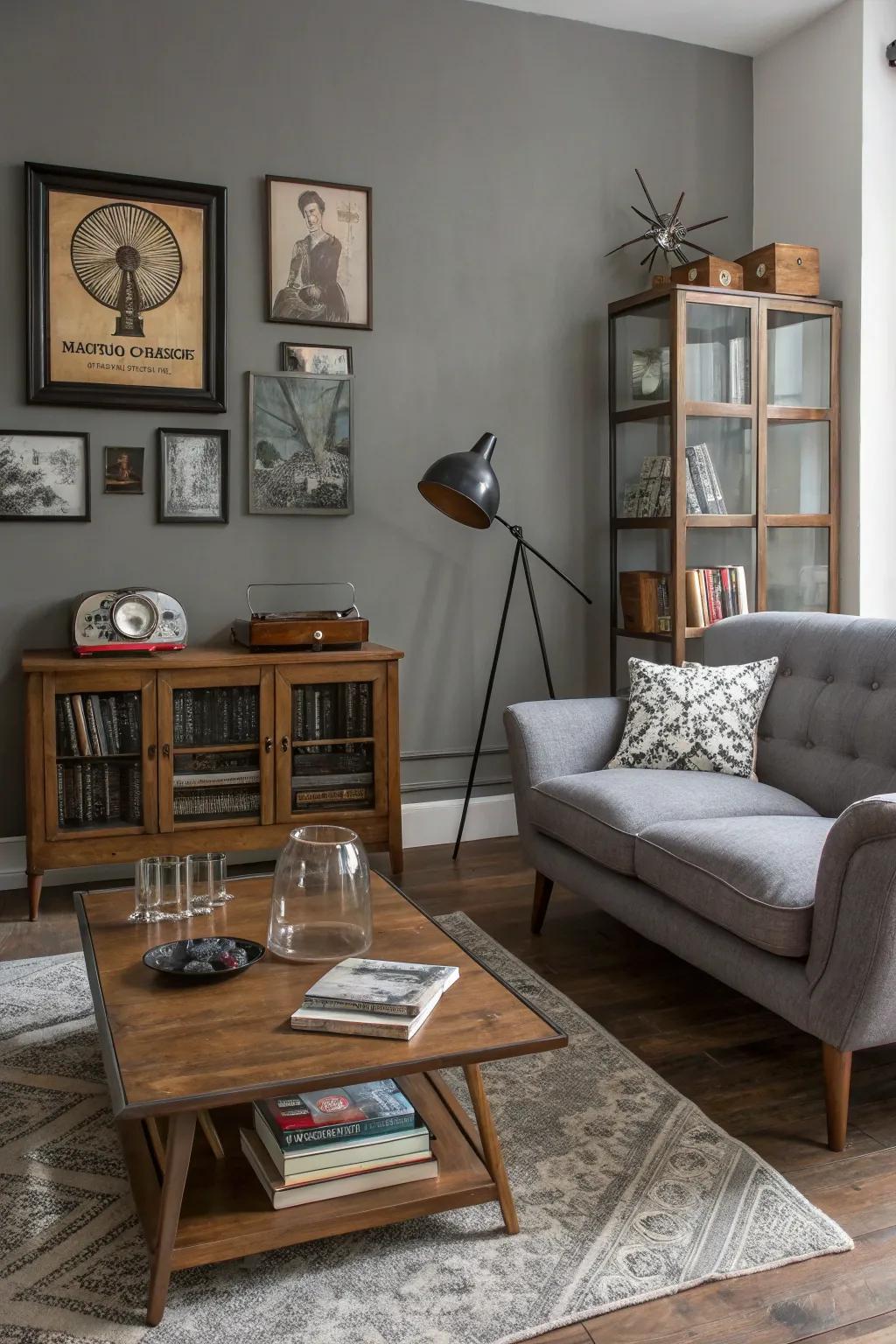 Modern and vintage elements blend beautifully in this grey room.