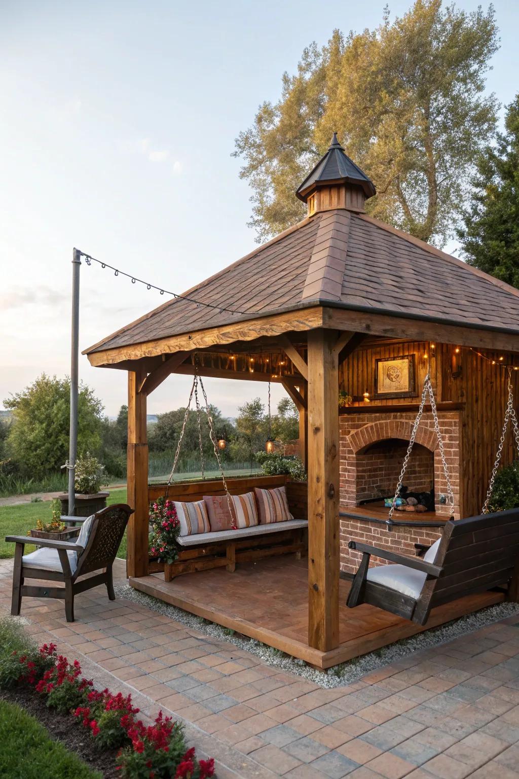 A grill gazebo with creative seating options like benches and swing chairs.