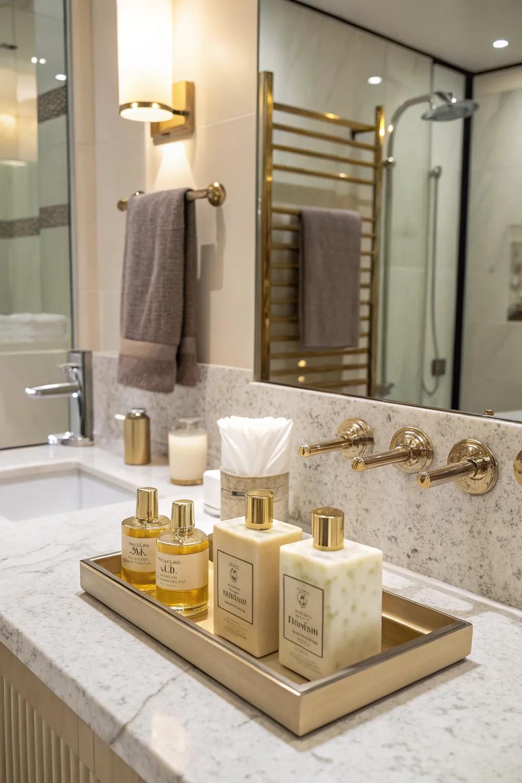 A guest bath providing high-quality soaps and toiletries, elegantly arranged.