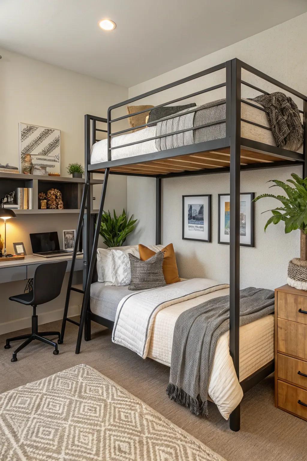A bunk bed arrangement that maximizes sleeping capacity and style.