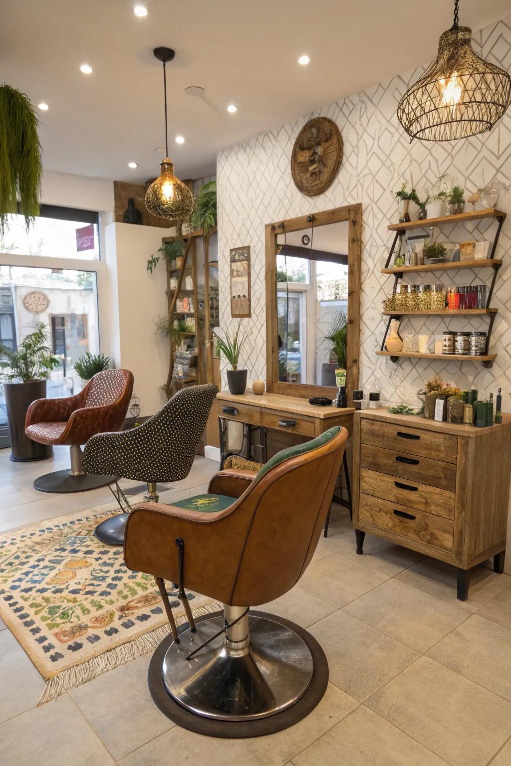Upcycled furniture adds charm and distinctiveness to your salon.