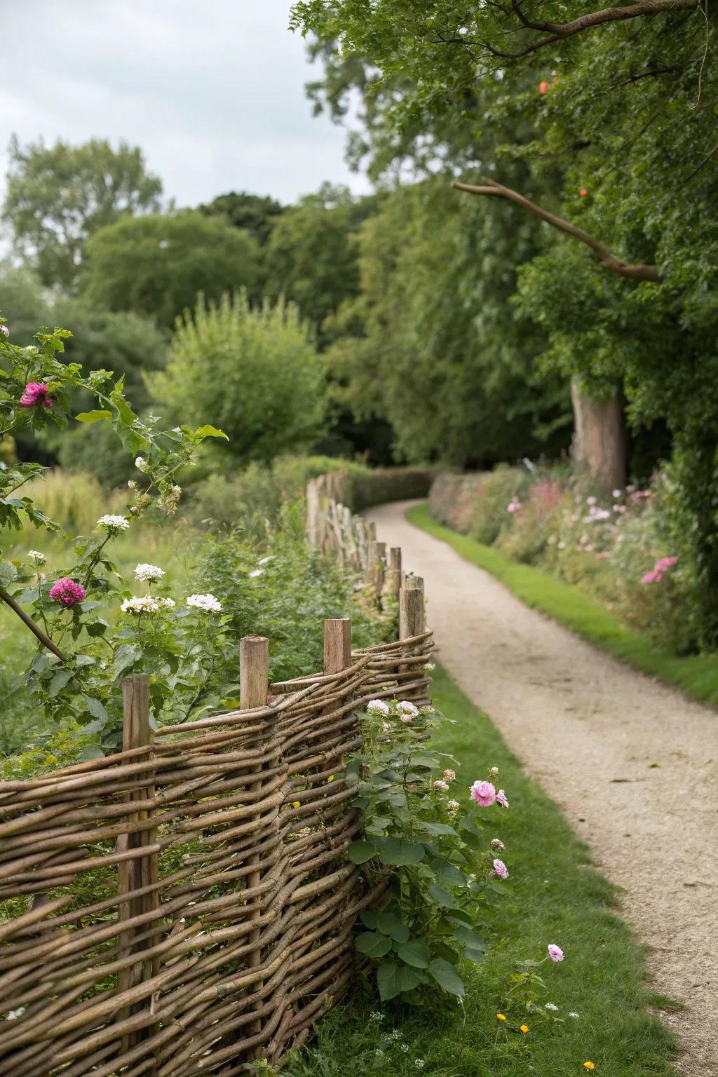 An interwoven willow fence evokes a natural charm.