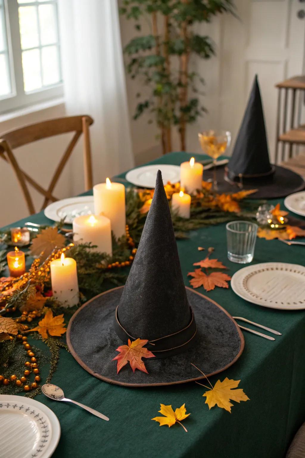 Enchantress hat centerpieces add magic to dinner settings