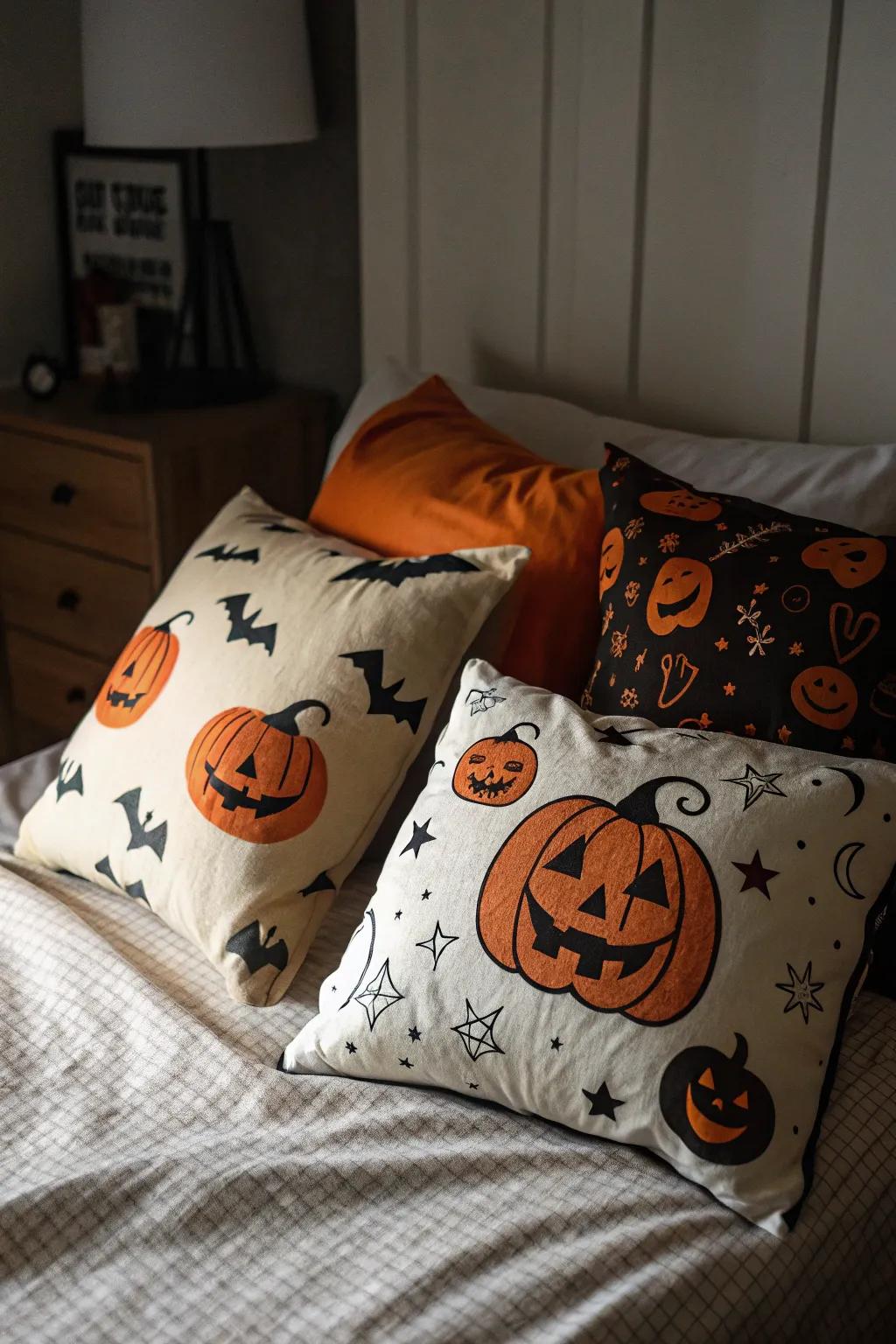 Themed pillows add a playful touch to your Halloween décor.