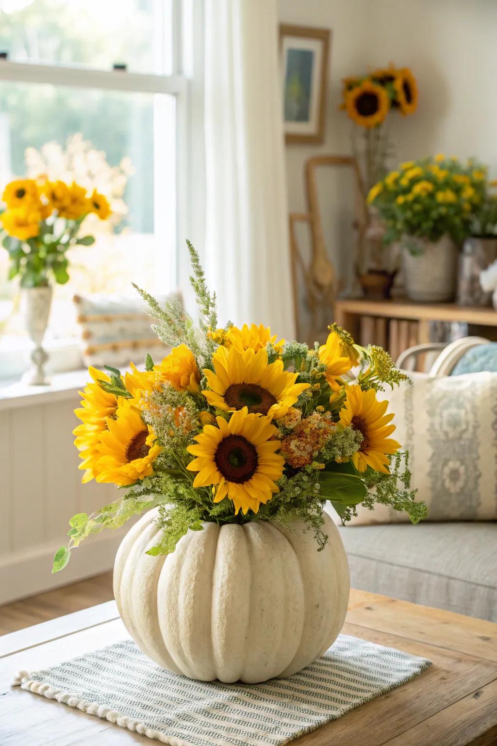 Radiant sunflowers nestled in a gourd vase present a cheerful twist to Halloween décor.