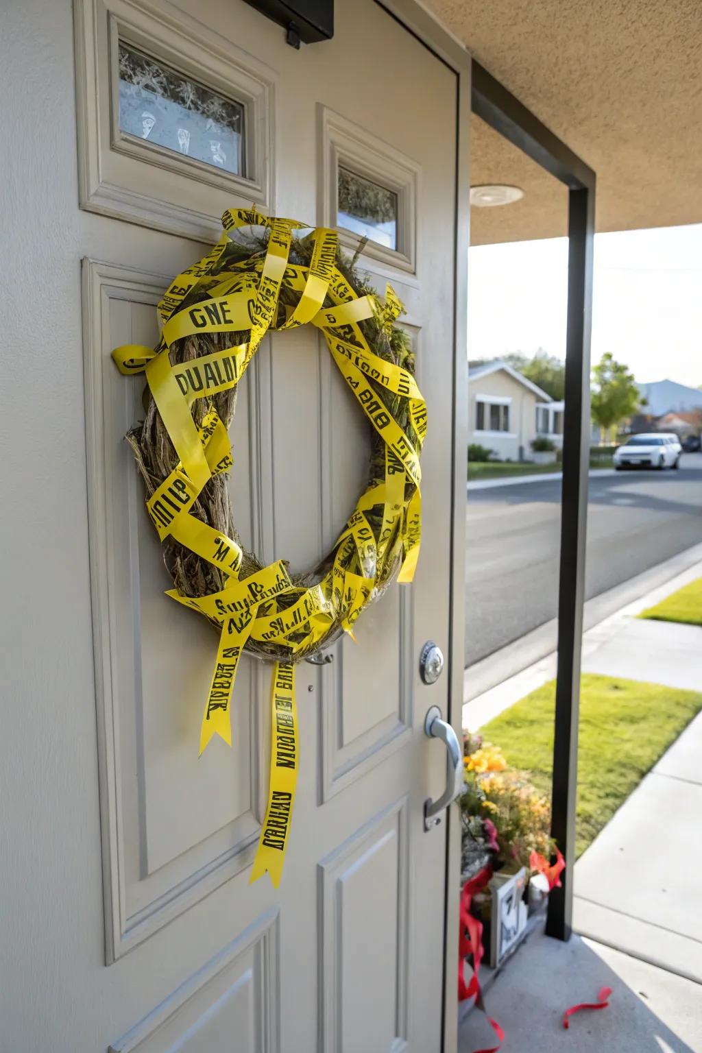 A unique Halloween wreath crafted from warning ribbon.