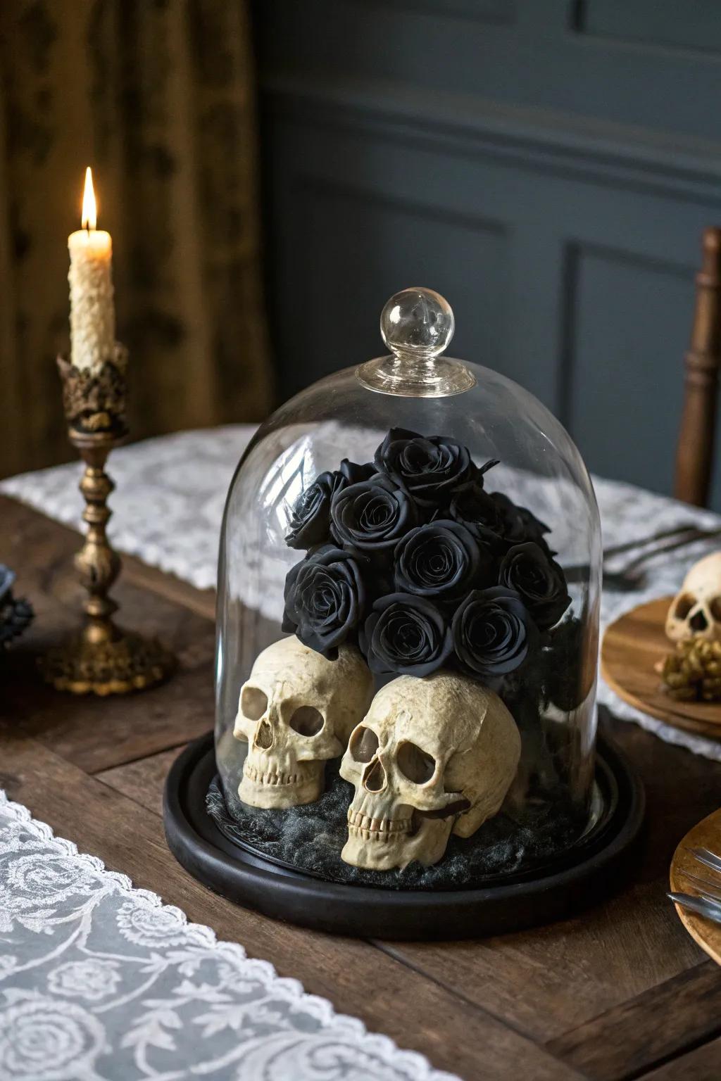 A gothic sentiment display dome featuring blossoms and craniums.