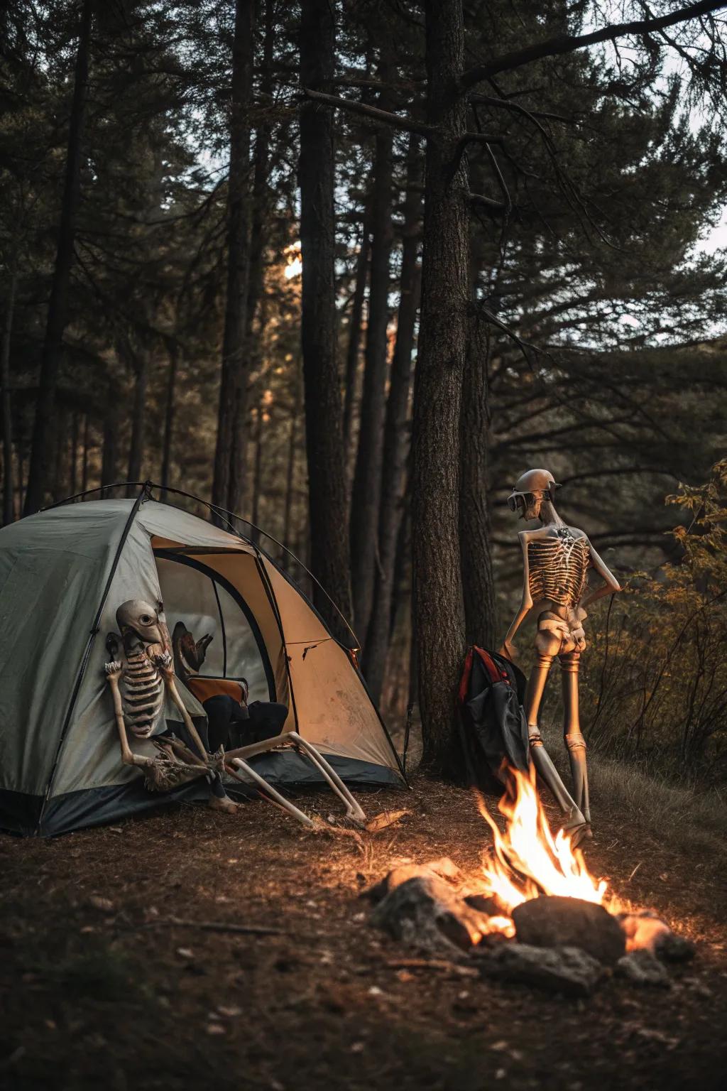 Camping skeletons fashion a warm and inviting Halloween scene.