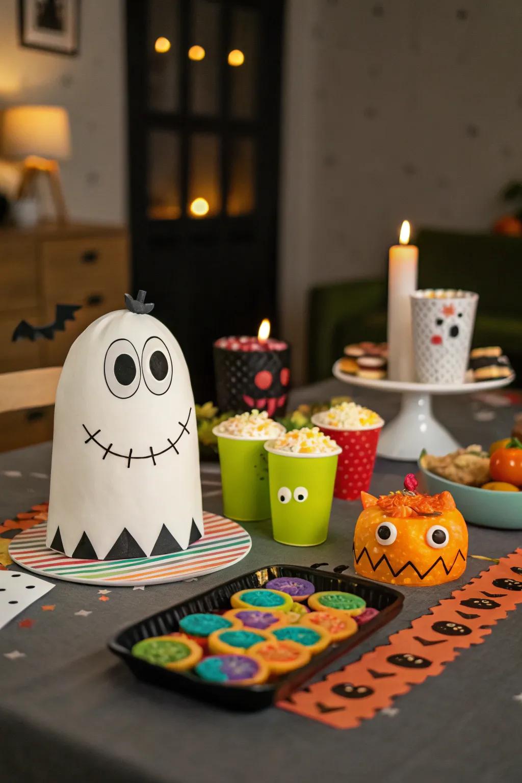Quirky additions lend a lighthearted note to the Halloween table.