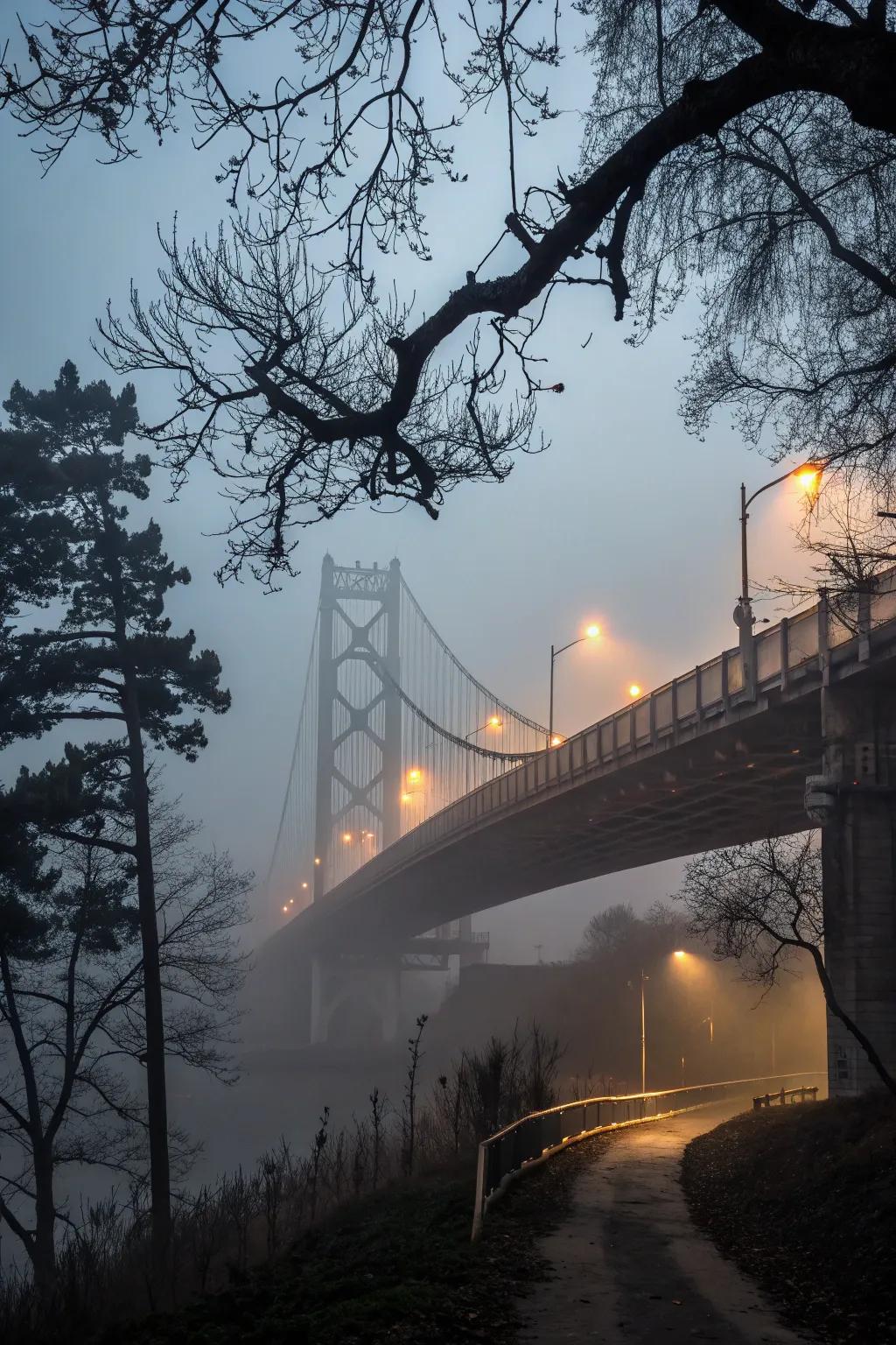A misty footbridge creates a surreal crossing on the trail.