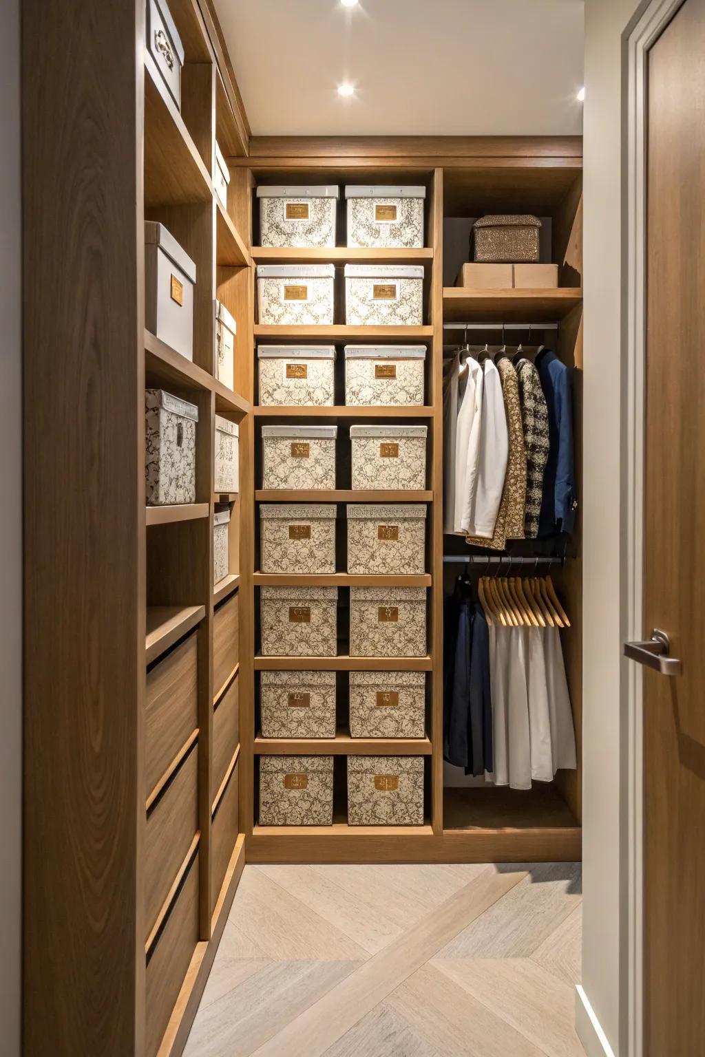 Decorative boxes displayed in a hallway closet, blending style with functionality.