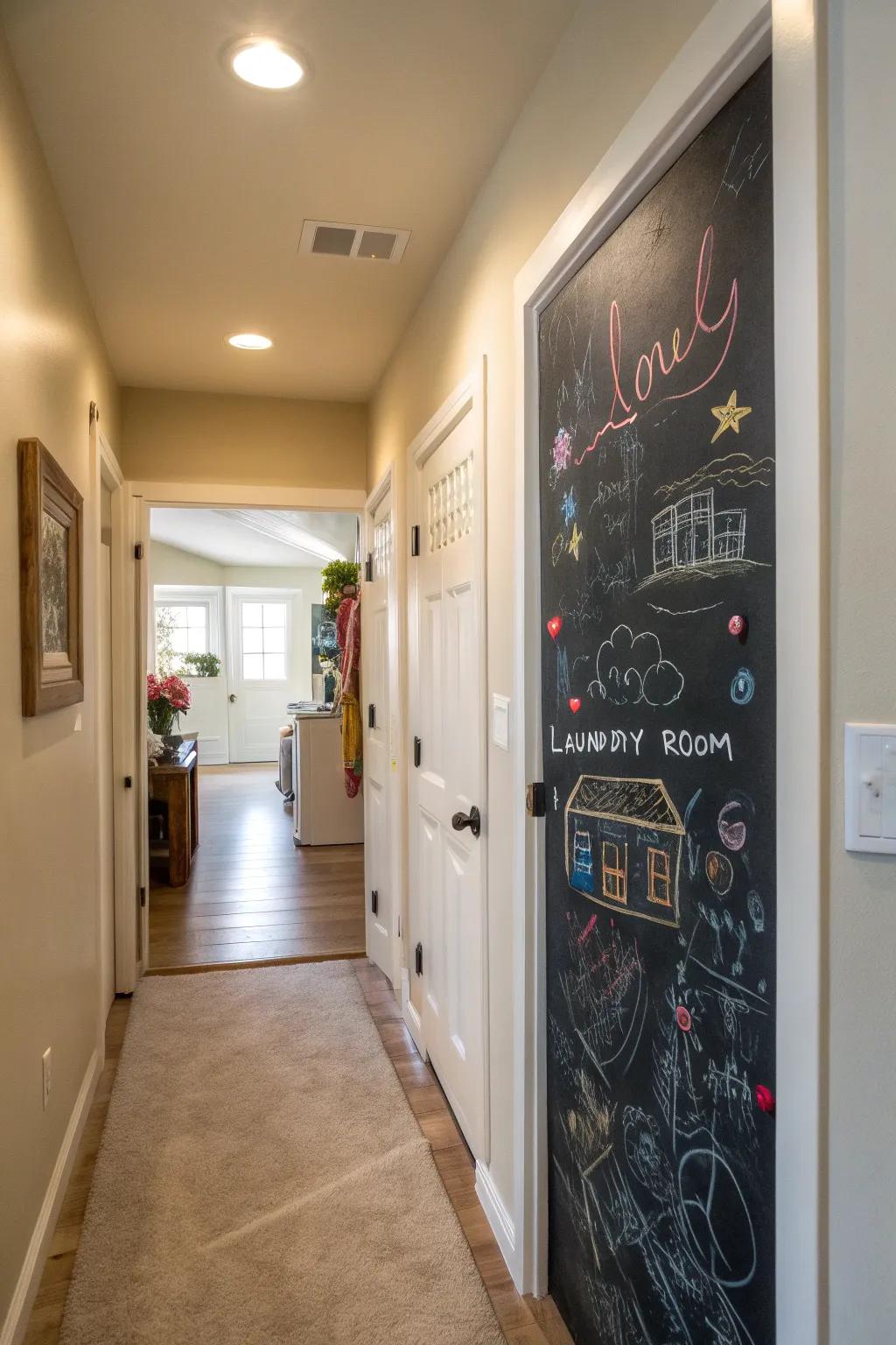 Chalkboard doors introduce creativity and usefulness to a hallway laundry space.