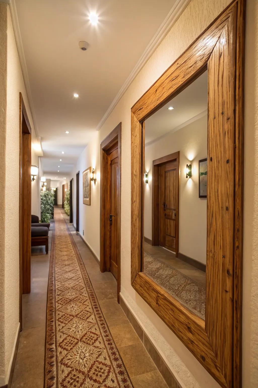 Wood-framed mirrors imbue spaces with an earthy warmth.