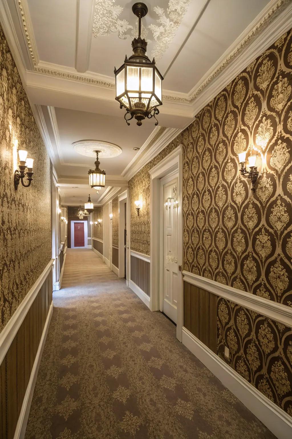 An elegant hallway showcasing ageless ornamental surface decor.