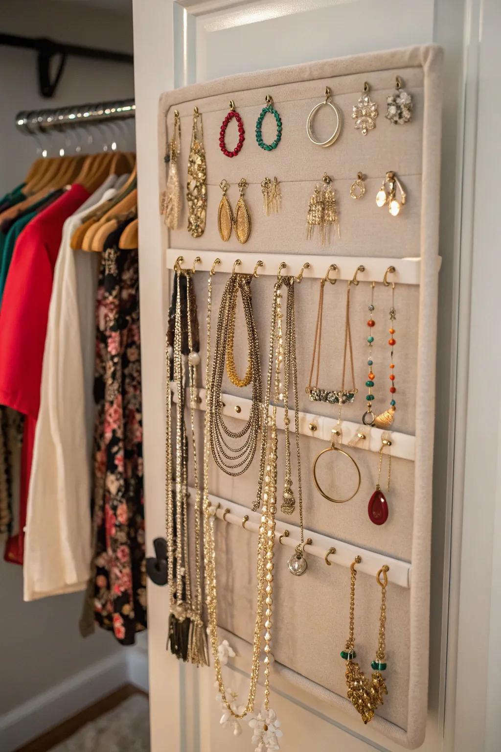 Maintain jewelry tidy and reachable via a suspension organizer.