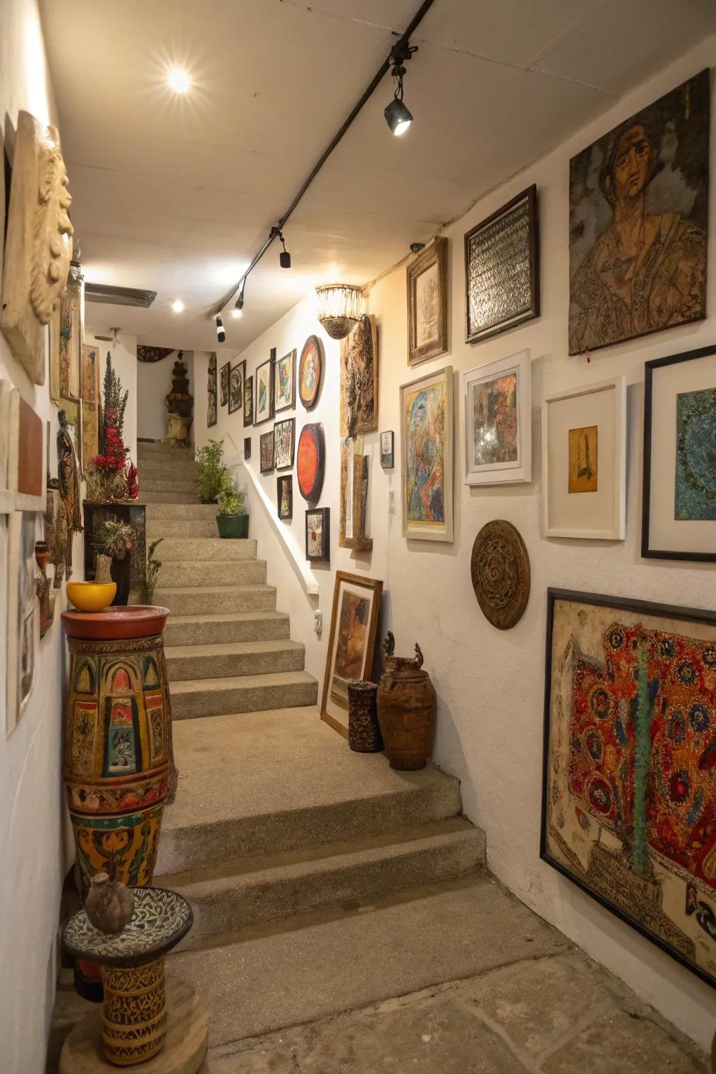 Design an inspiring space with an eclectic art gallery in your basement.