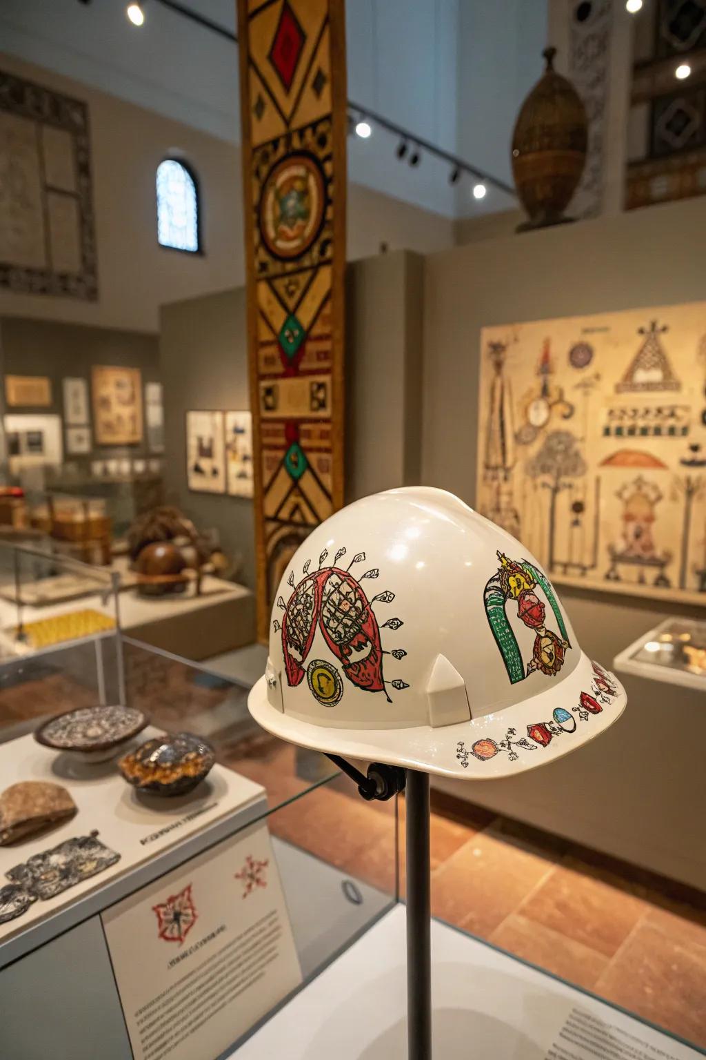 A safety helmet enriched with cultural motifs.