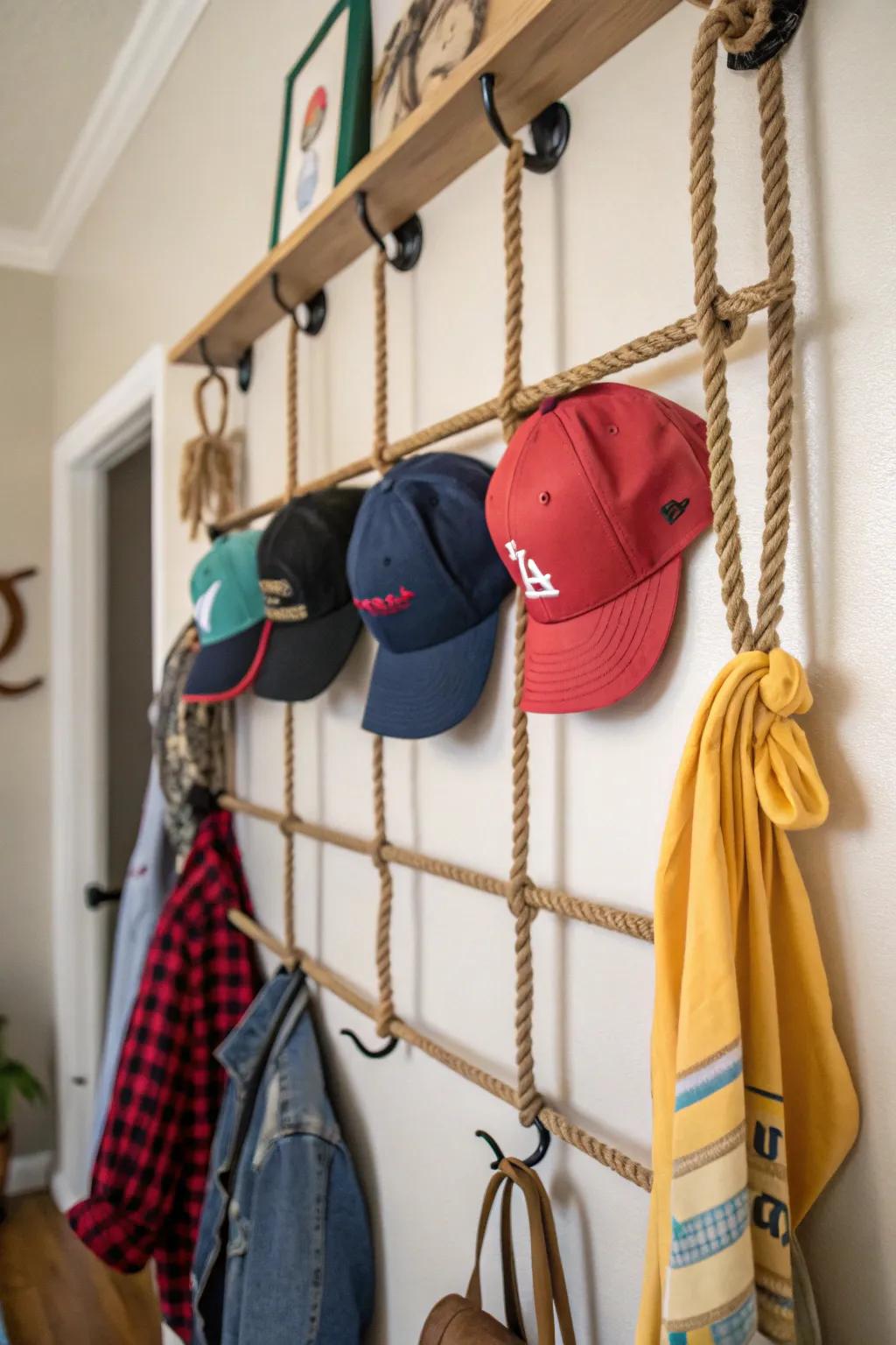 A cord rack injects a nautical allure to your hat assortment.