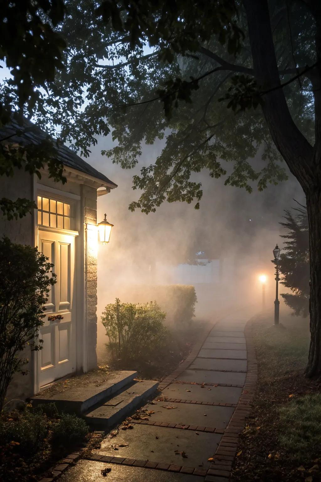 Establish an ethereal entrance via a fog generation apparatus to achieve a spooky mist.