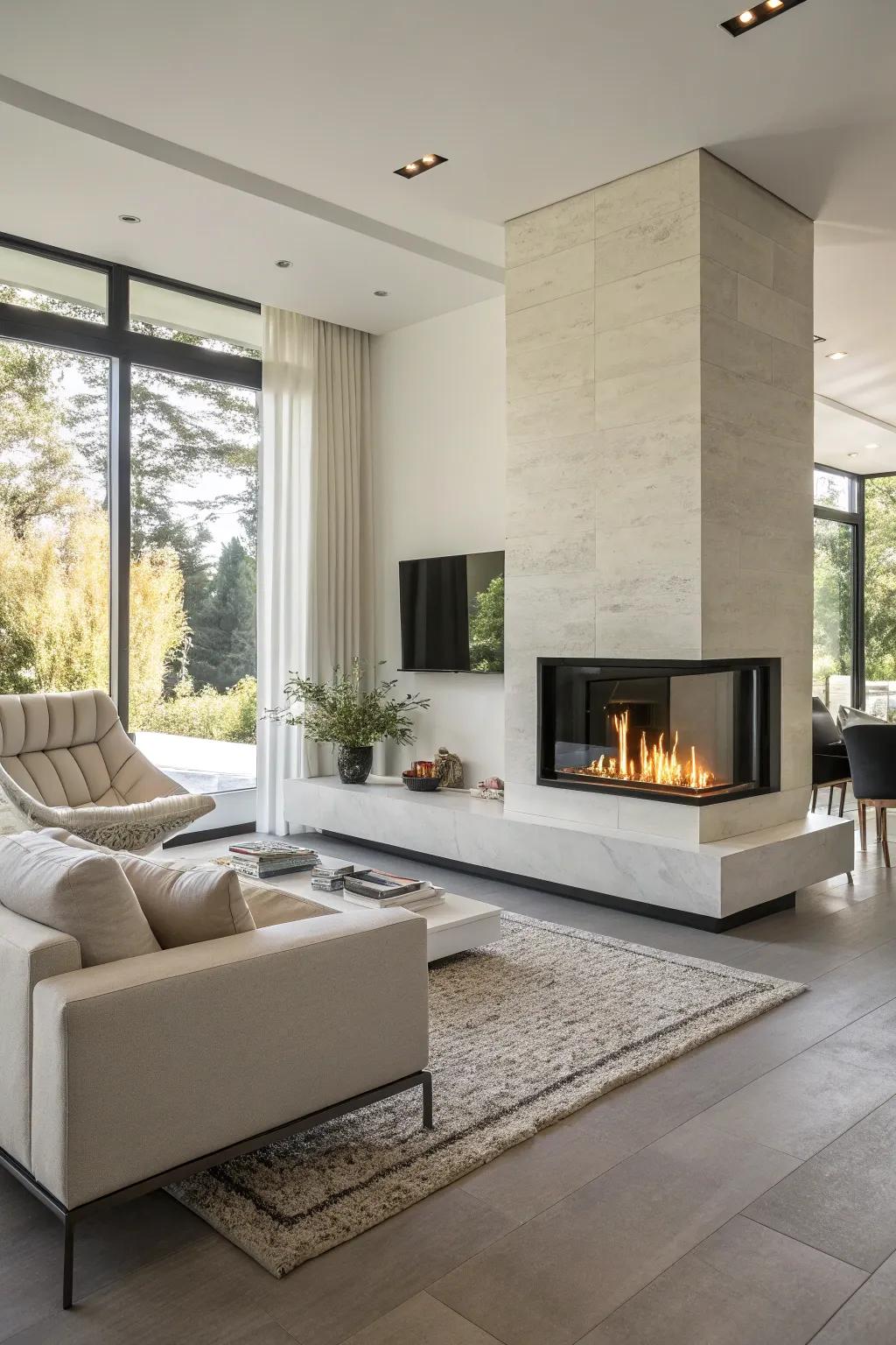 A modern living room featuring an ethanol hearth for a fresh ambiance.
