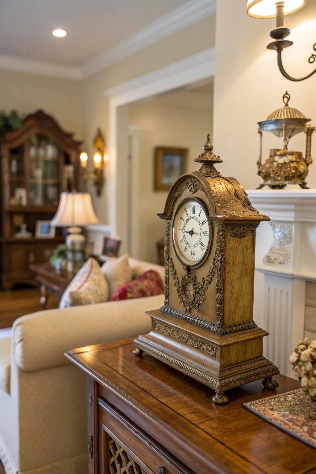 An antique timepiece which introduces timeless elegance to home decor.