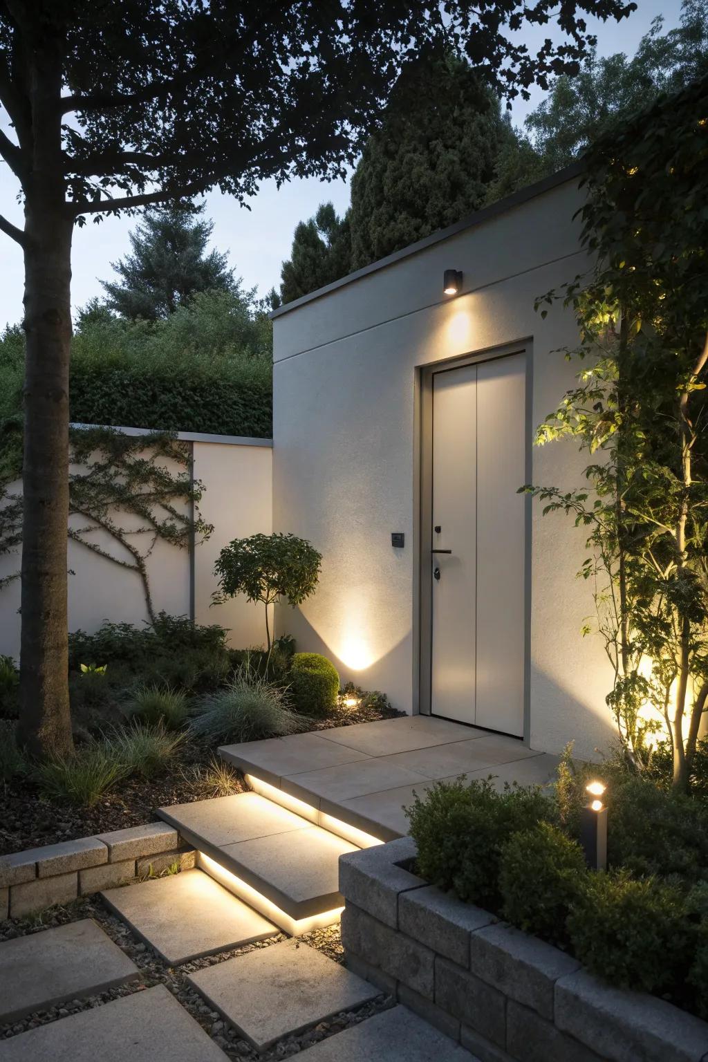 Lighting reveals the elegance of a concealed entry.
