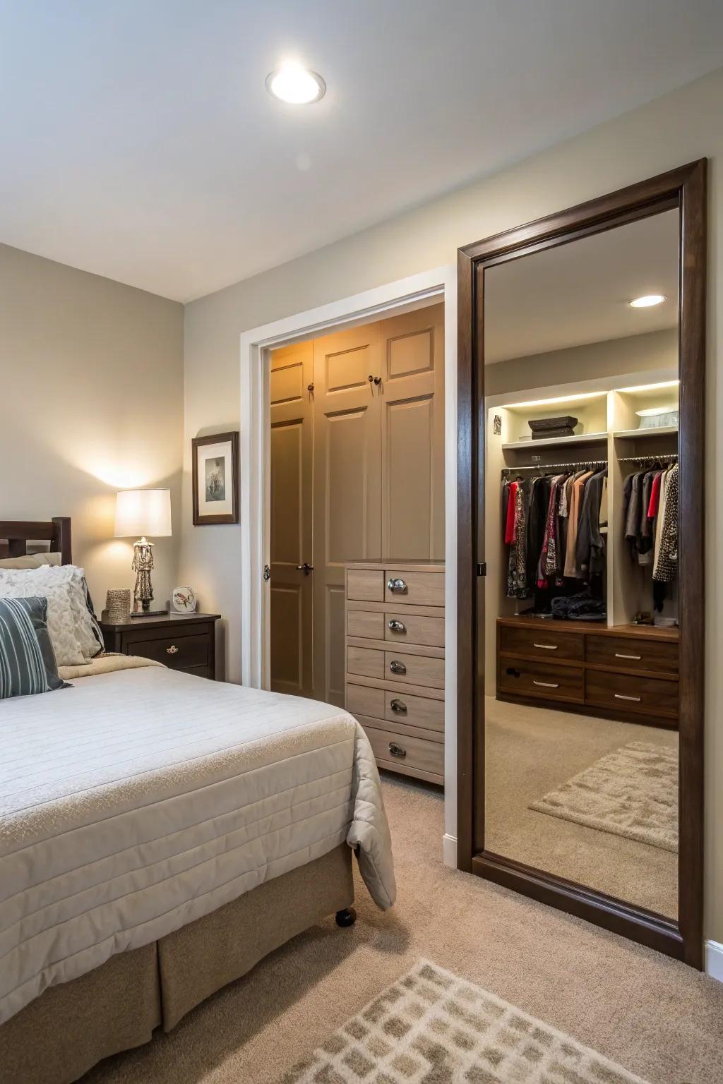 A hidden mirror door provides chic access to your bedroom closet.