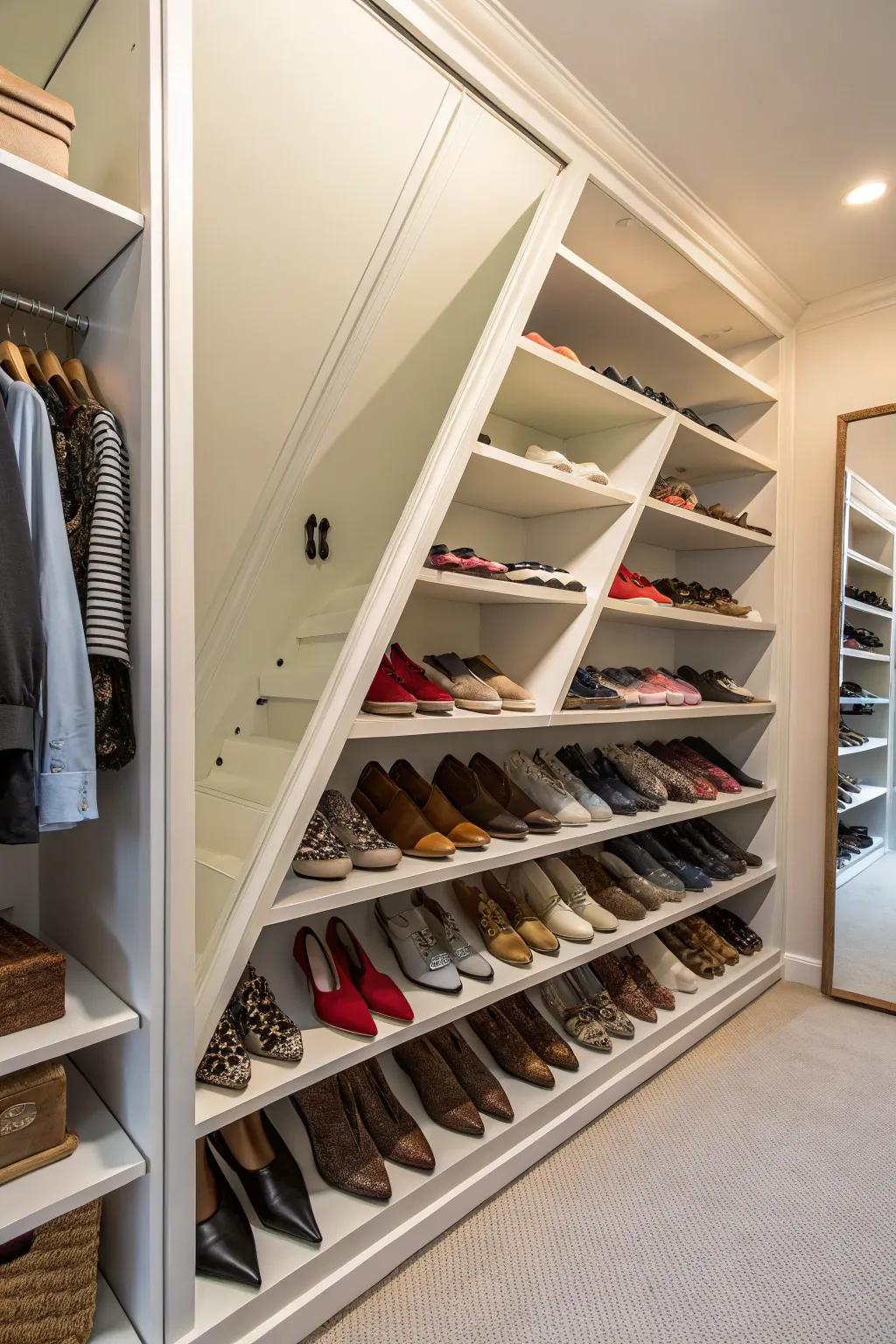 Angled shelves offer visibility and simple access to your shoes.