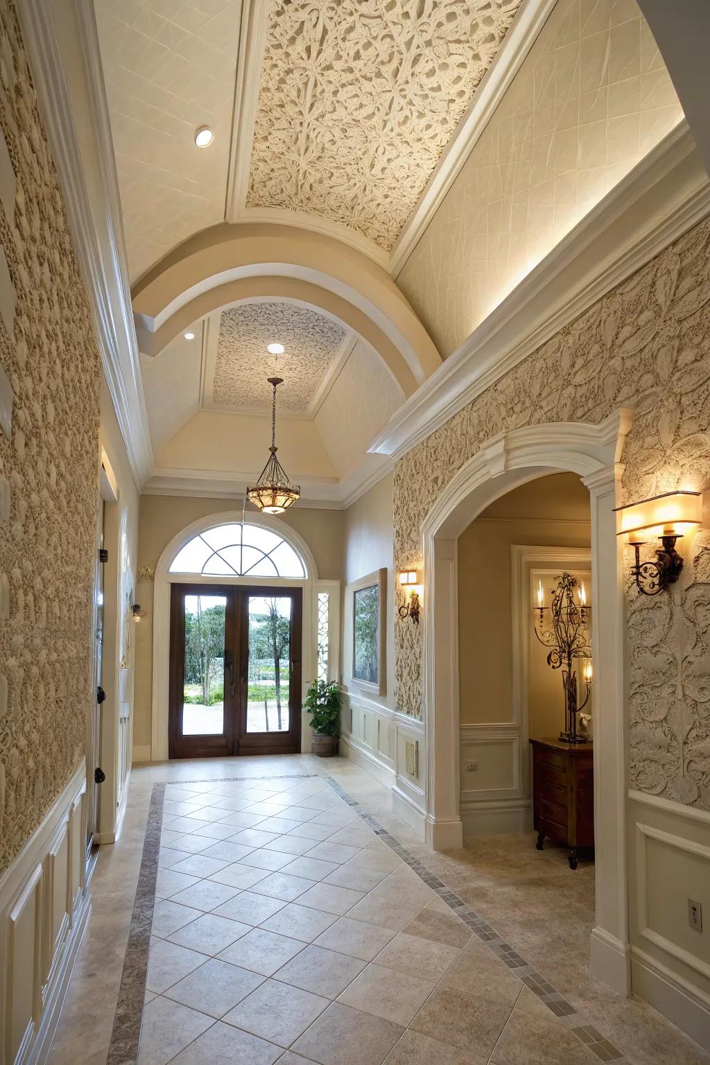 Textured paneling infuses depth and a cozy sensation to the entryway.