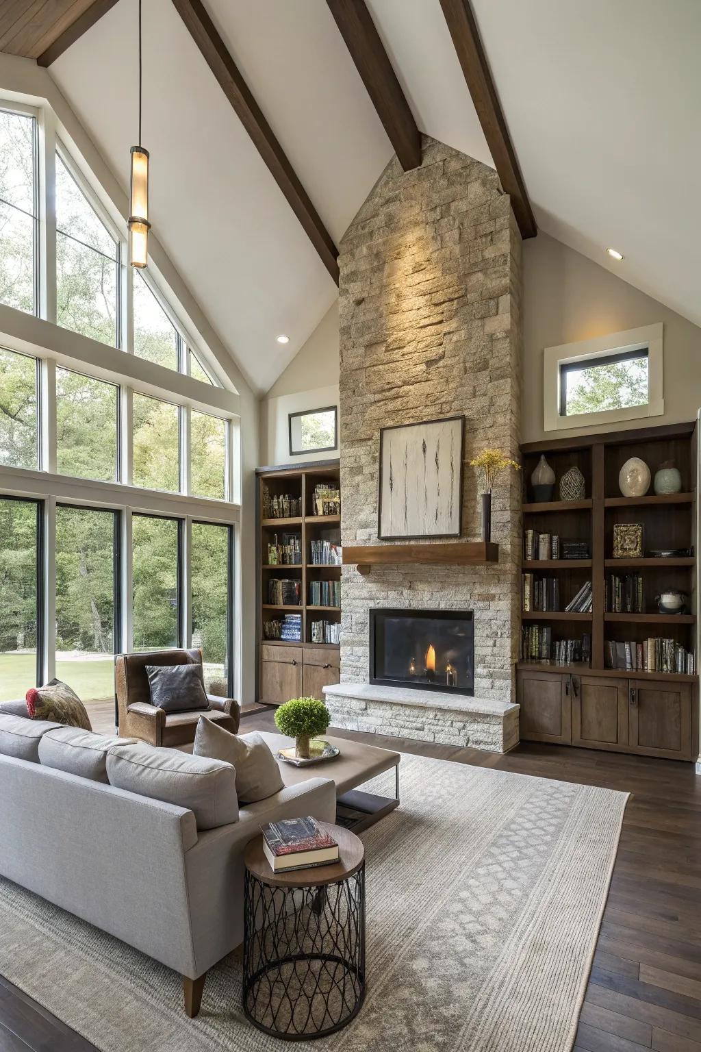 A fireplace placed off-center enhances functionality and style.