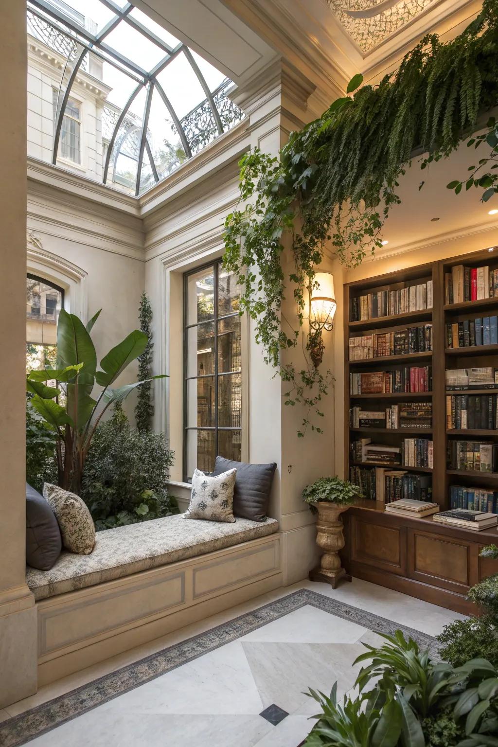 An inviting reading nook in an atrium, suited for quiet moments.