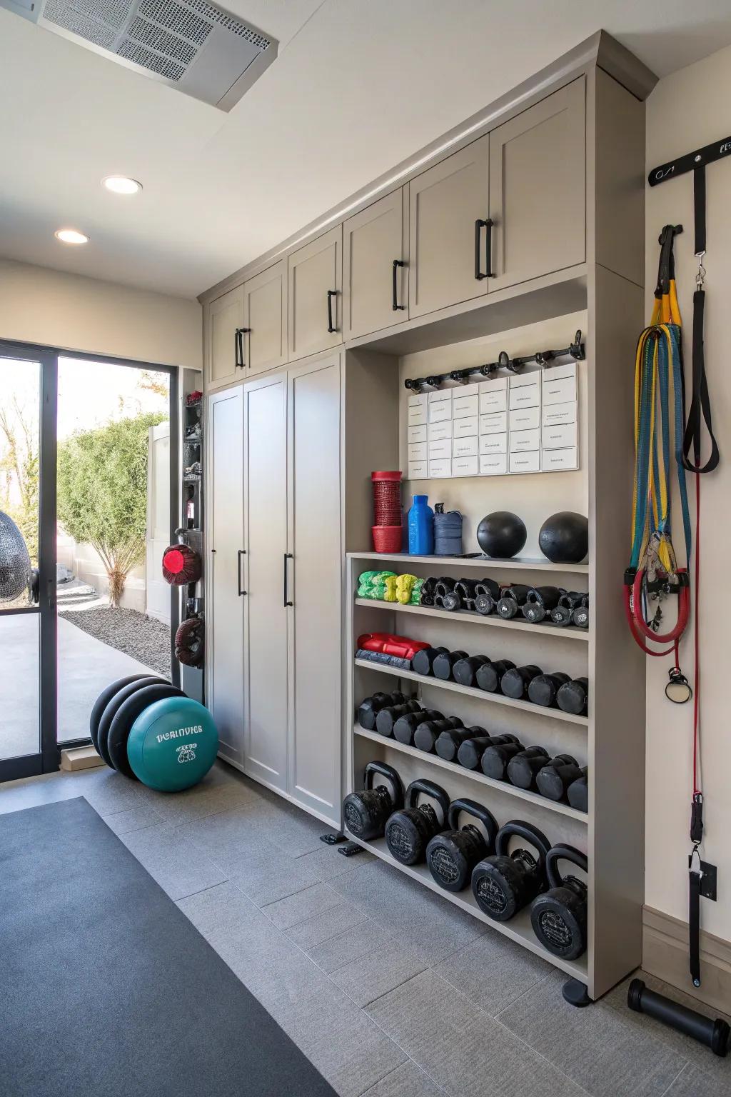 Cabinet storage keeps your gym neat and equipment hidden.