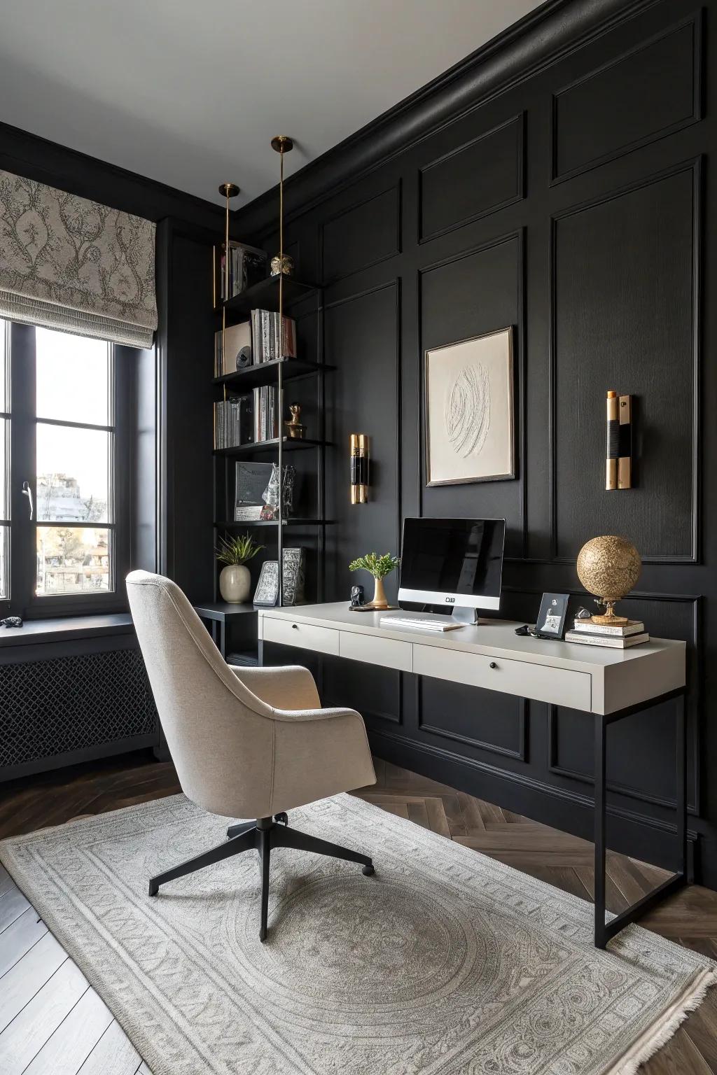 Black walls establish a dramatic and elegant ambiance in this chic home office.