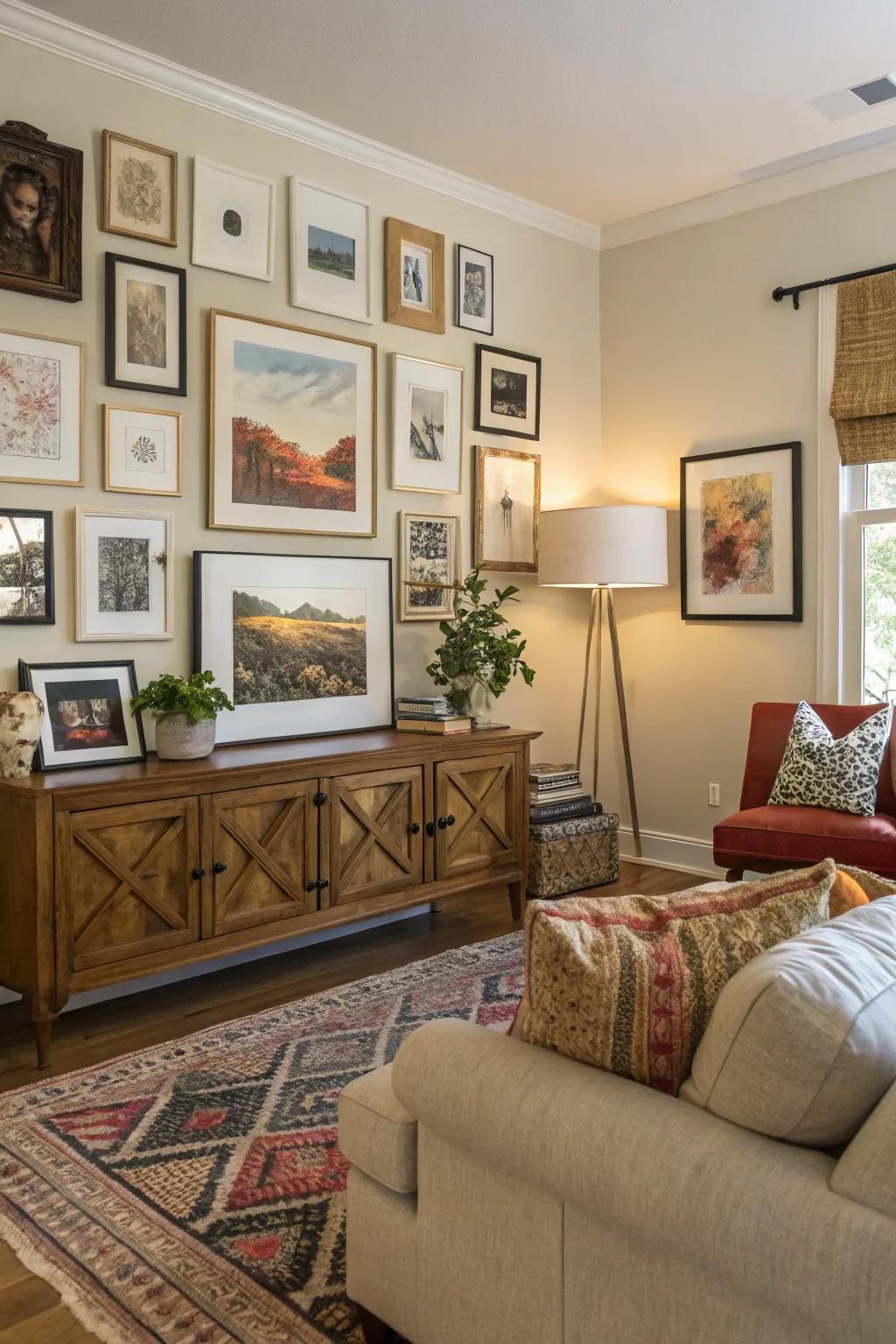 A gallery wall adding style to a living area.