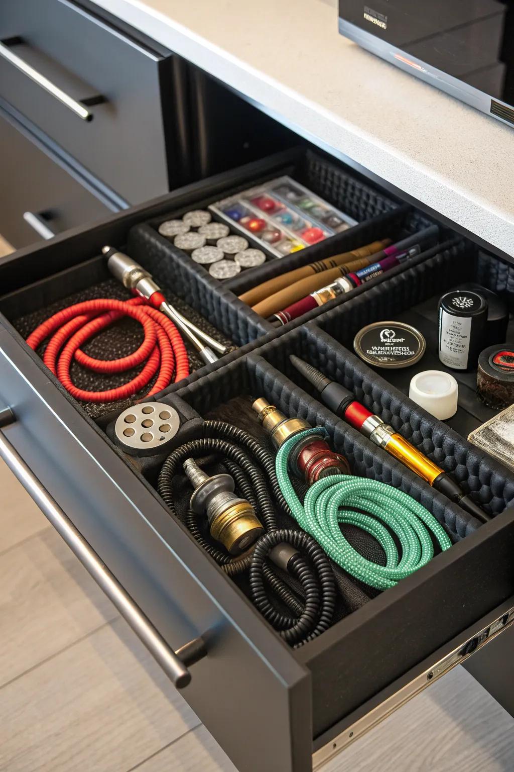 Customized drawer inserts provide efficient storage for shisha supplies.