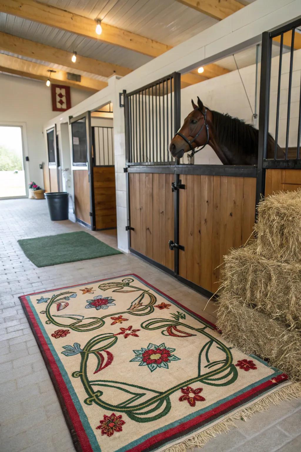 Themed floor coverings append warmth and flair to the stall's floor.