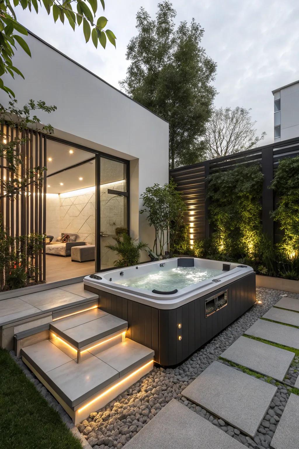 Step into a modern world with a sleek hot tub design.