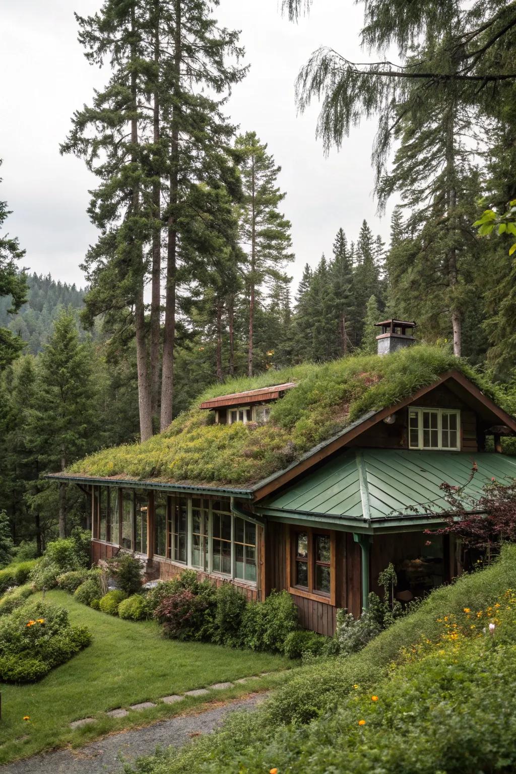A green-roofed home blending seamlessly into the surrounding forest.