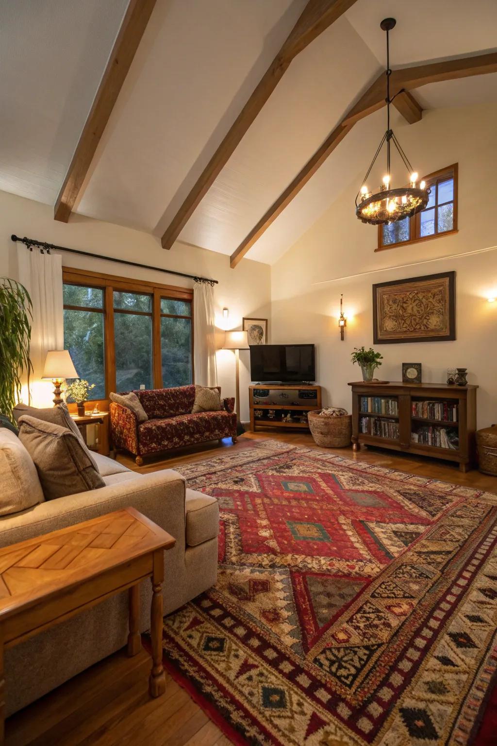 Layered floor coverings impart both dimension and solace to wide-open floors.