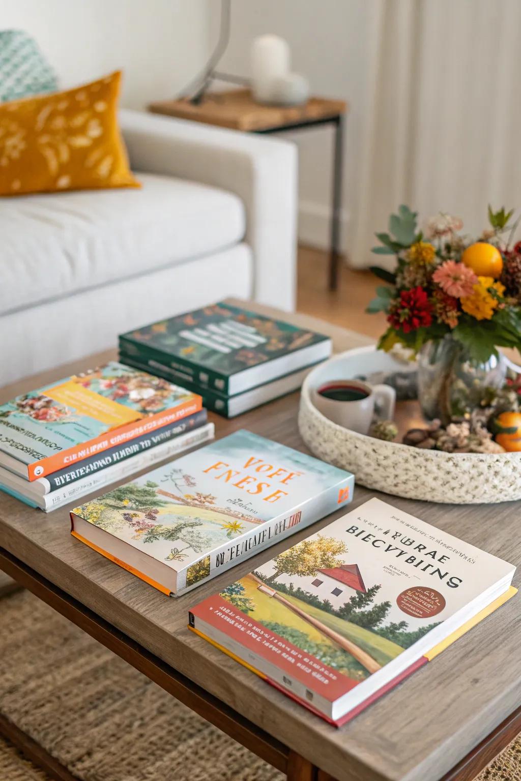 Seasonal books on the coffee table offer decorations and something to think about.