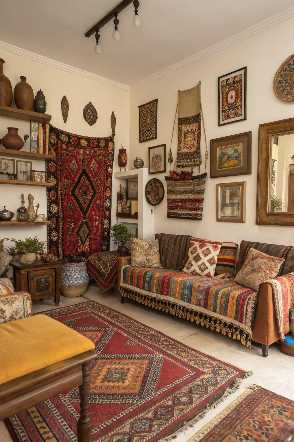 Cultural pieces enriching the living room with personal narratives.