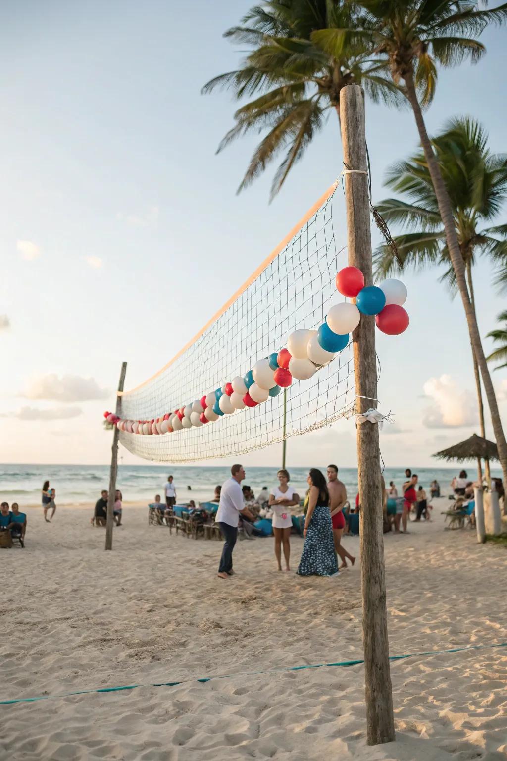A net brimming with balloons enhances the seaside theme of a beach party.