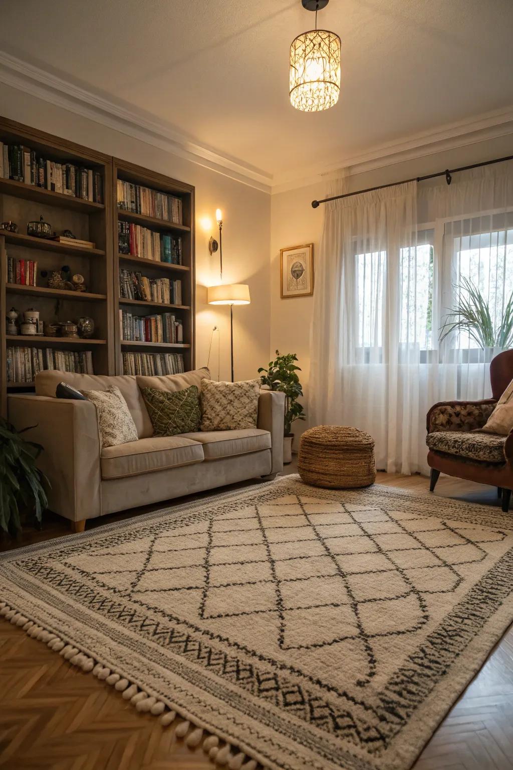 Floor coverings assist in defining zones and incorporating warmth and comfort.