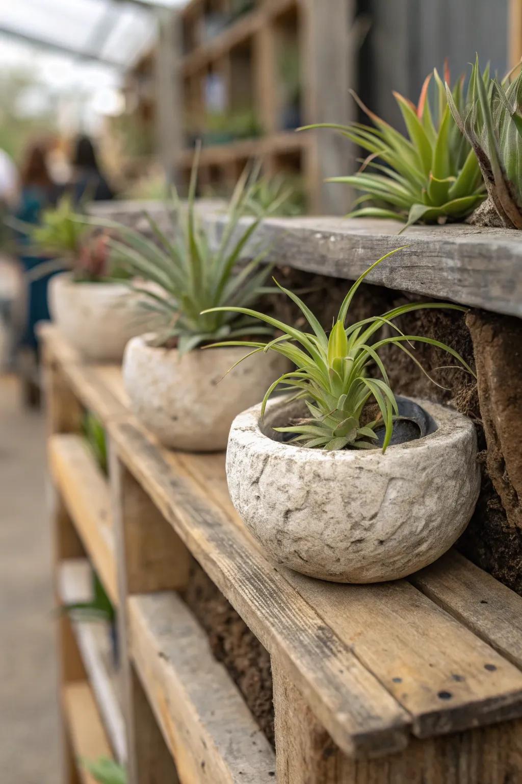 Natural stone vessels housing <strong>air plants</strong> to achieve a rugged aesthetic.” loading=”lazy” class=”pimg”>
	</picture><figcaption>Natural stone vessels housing <strong>air plants</strong> to achieve a rugged aesthetic.</figcaption></figure>
<p>Welcome the unrefined charm of nature by arranging <strong>air plants</strong> inside natural stone containers. This constitutes a robust, yet elegant way to exhibit them.</p>
<h3>Give these a look:</h3>
<ul class=