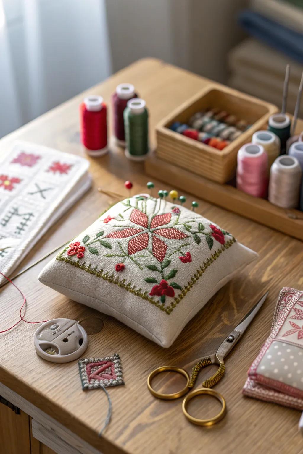 Cross stitch pin holders add charm to sewing stations